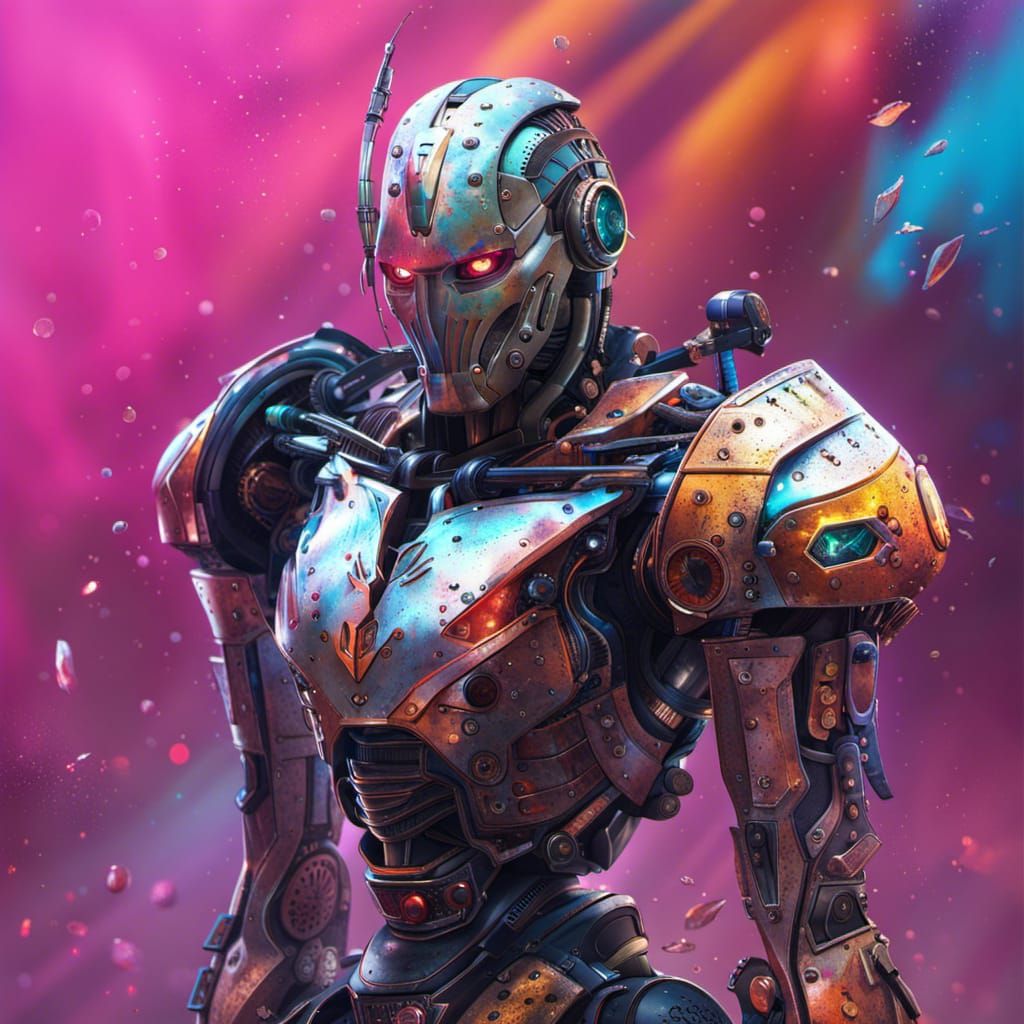 Hyperrealistic Robot Warrior in Splash Art Style