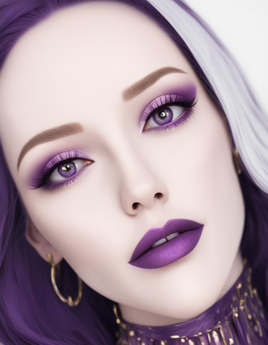 Beautiful young lady with dark purple hair and purple eyes with Mulberry purple eyeshadow with plum purple eyeliner and ...