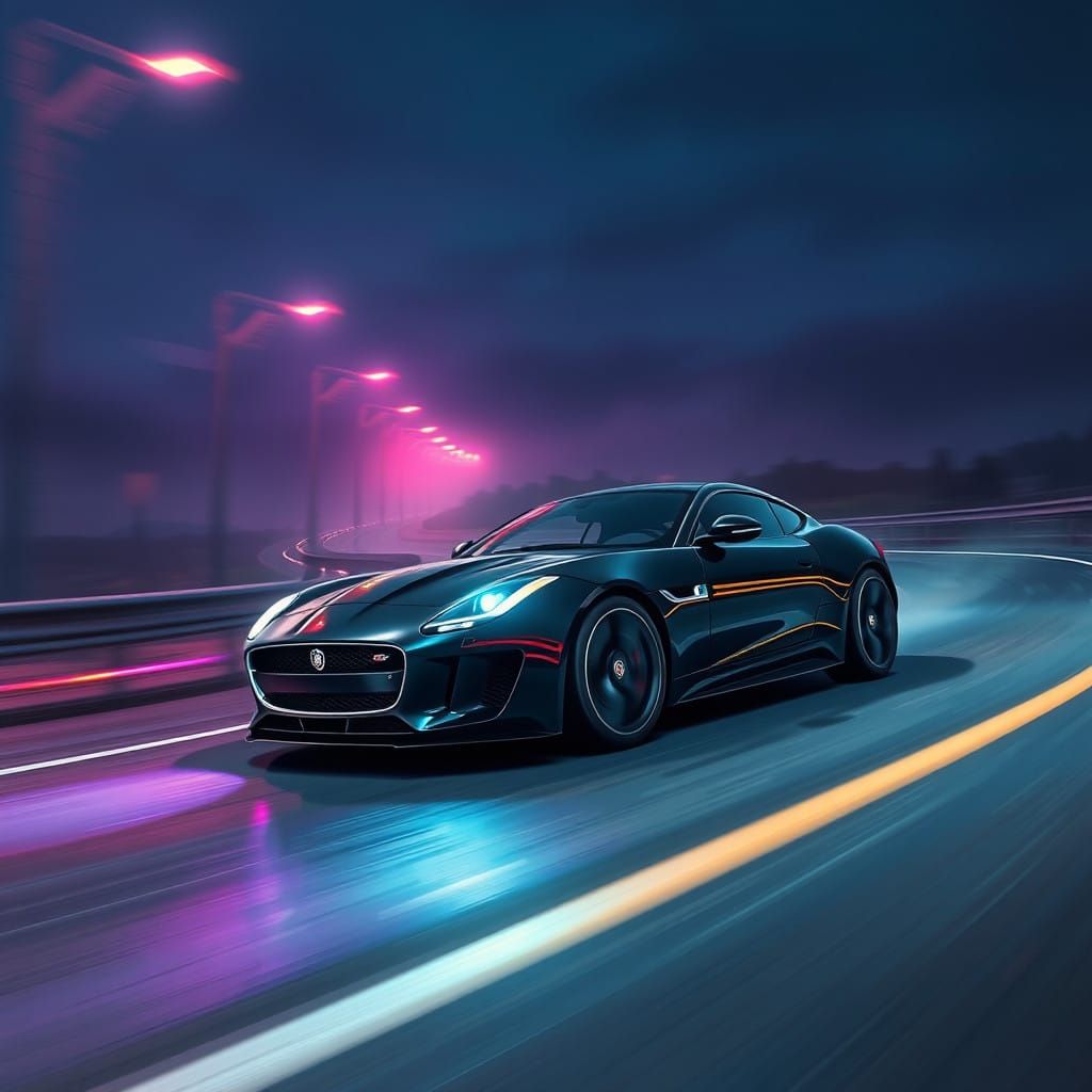 Sleek Futuristic Jaguar Speeds Down Winding Highway, Surroun...
