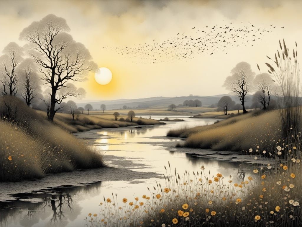 Wild Birds Soar Over the Moor in a Delicate Landscape