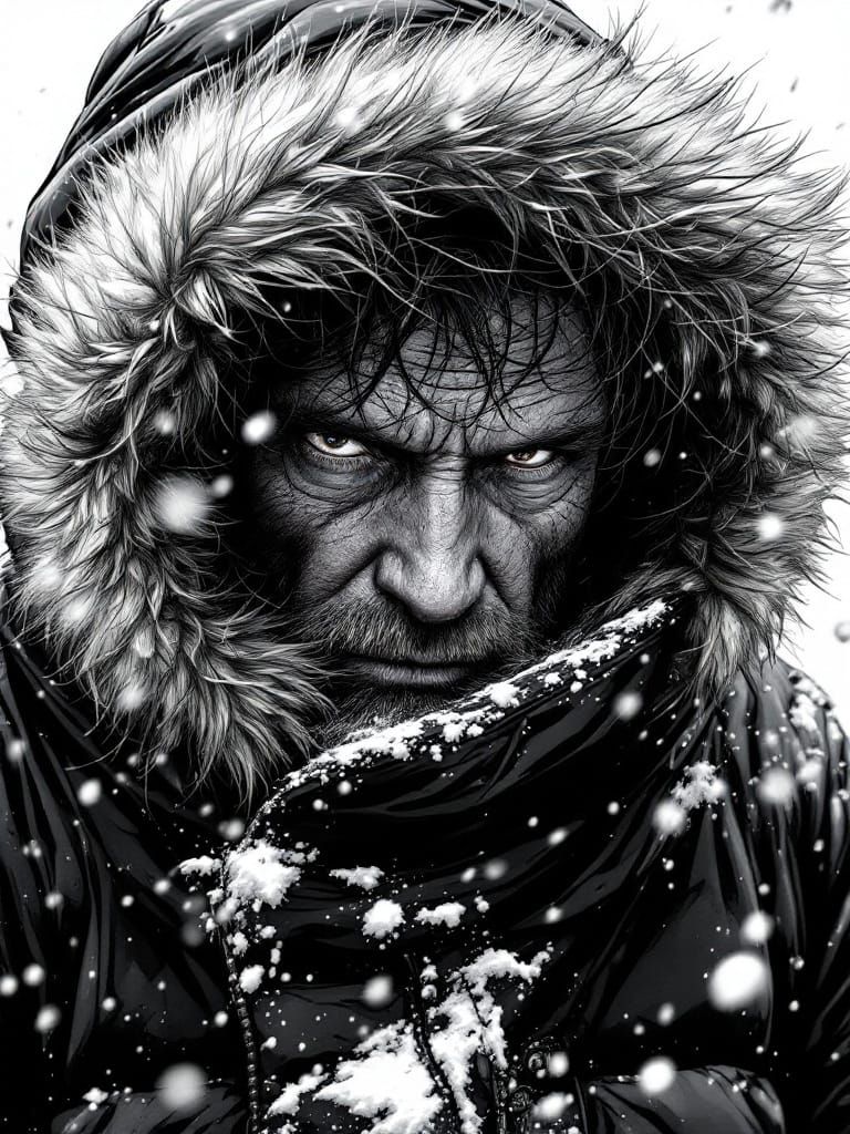 Weathered Inuit Hunter Emerges from Frenzied Storm