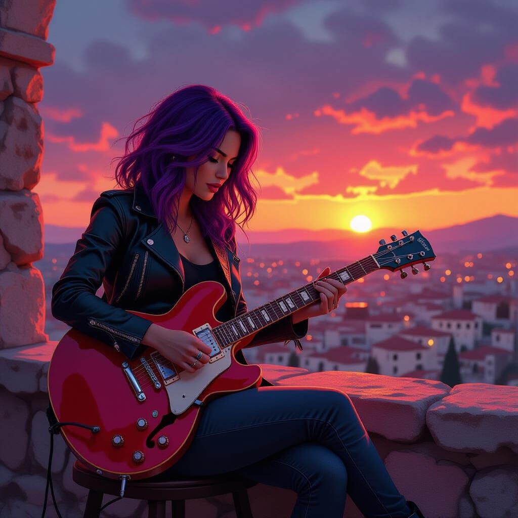 Female Rockstar Plays Guitar at Mediterranean Sunset Citysca...