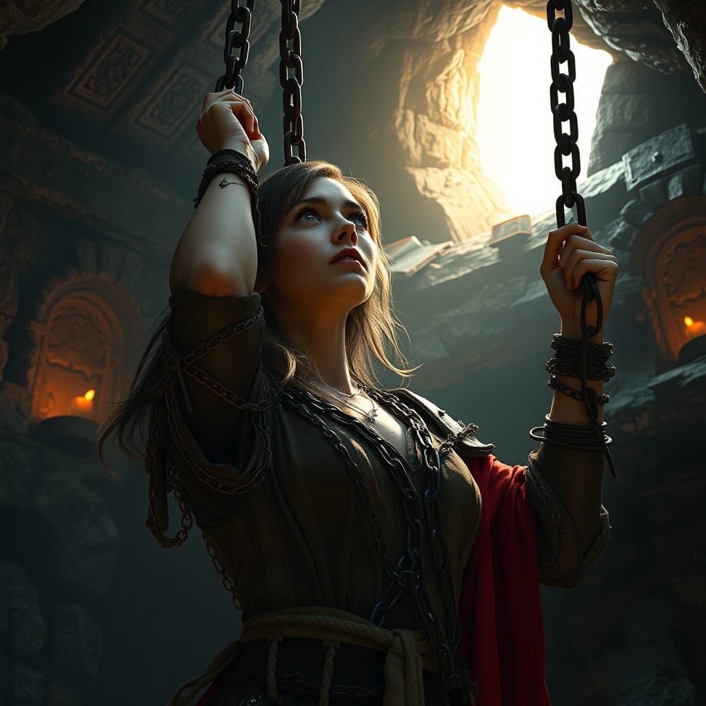 Young Woman Breaks Free of Chains, Reaches for Golden Light