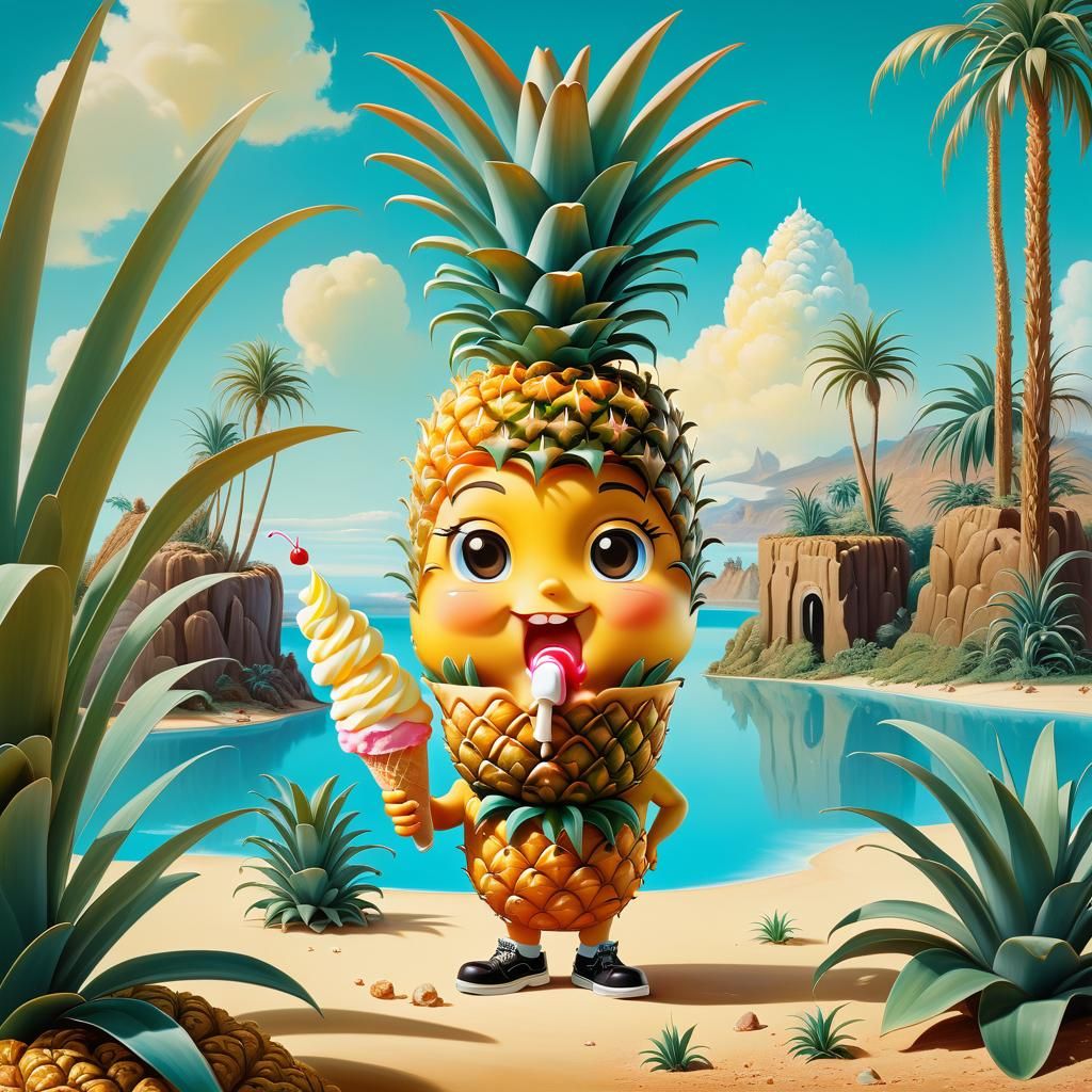 Chibi Pineapple Character Enjoys Ice Cream, Surreal Art