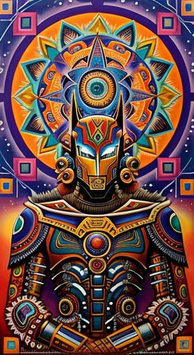 Aztec Psychedelic Robot in Oil Gouache Style