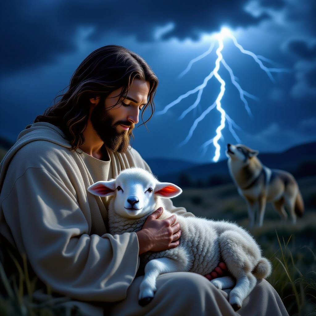 Jesus Protects Lamb From Storm as Wolf Howls