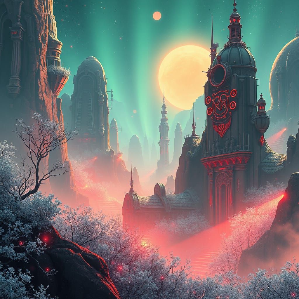 Emerald Echo: Solar Blossom in Futuristic Landscape