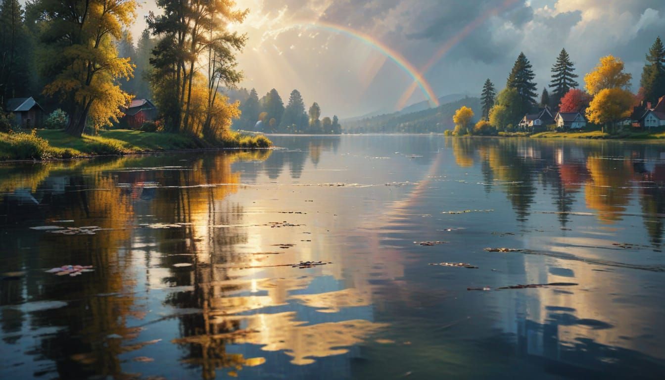 Impressionist Rainbow Landscape Reflects off Calm Lake
