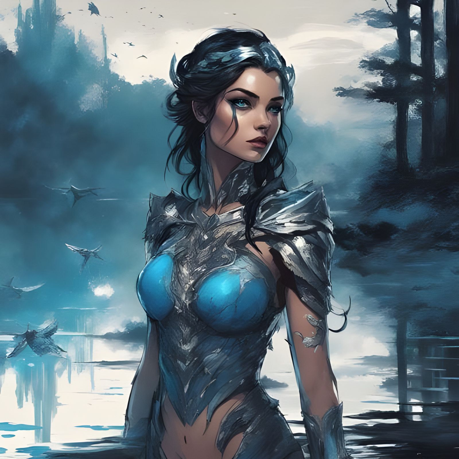 Azure Mistress Portrait on Lake in Splash Art Style