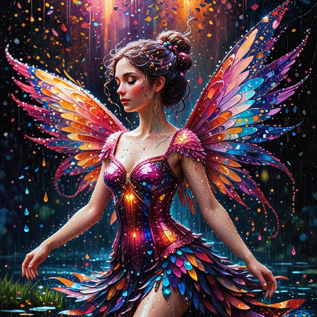 Fairy in Prismatic Rain, Pointillist Style
