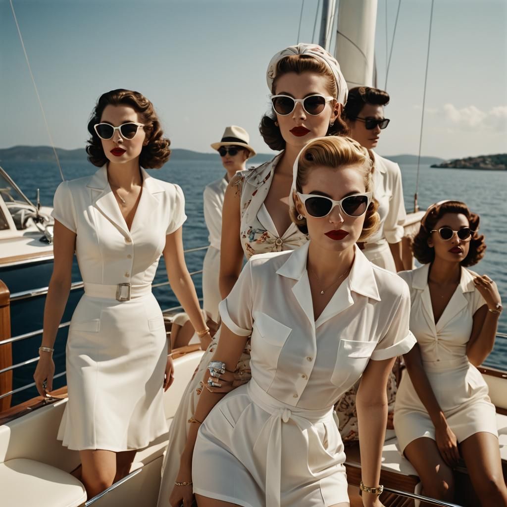 Vintage Glamour: Woman on Yacht in Film Noir Style