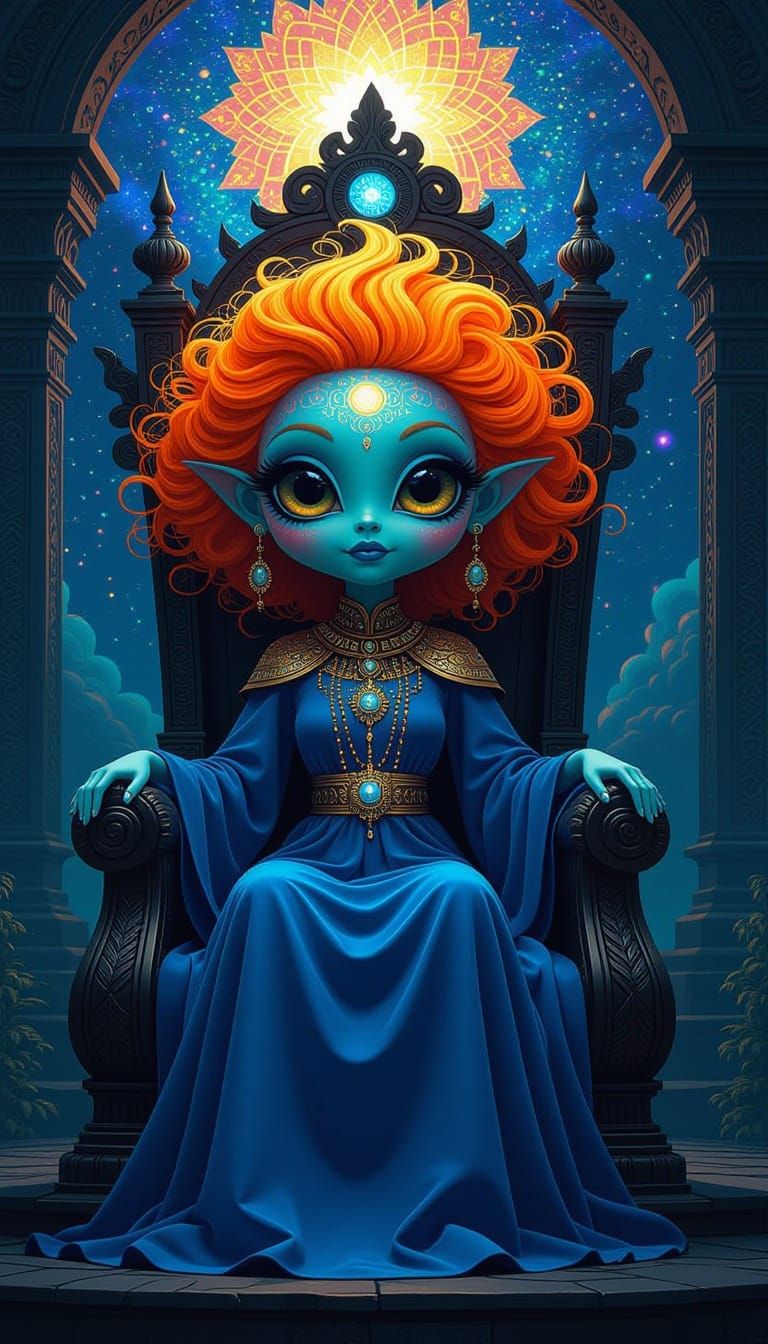 Alien Queen on Dark Throne in Cosmic Illustration Style