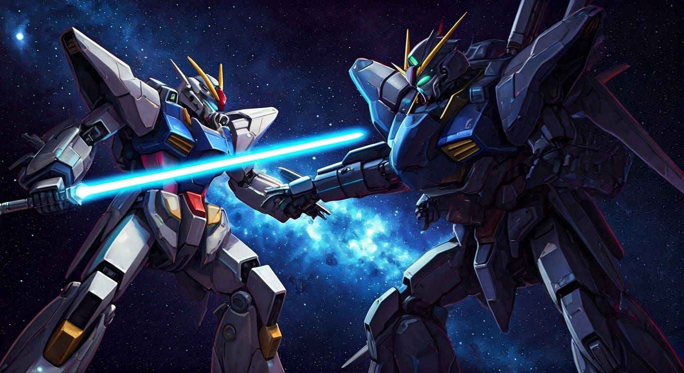 Intense Mecha Duel in Starry Space, Futuristic Illustration