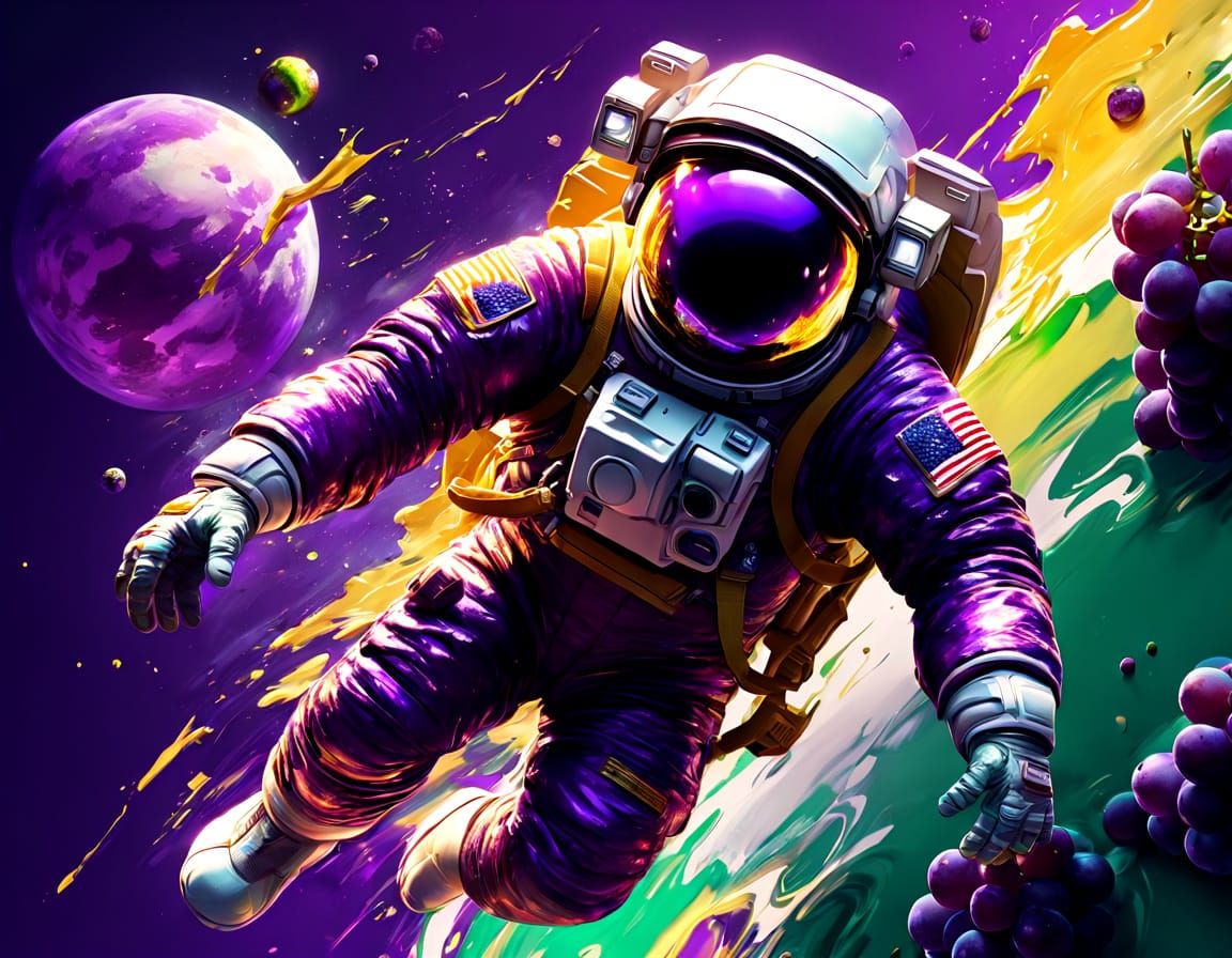 The Grape Ape as a Heroic Astronaut in Vibrant Cosmic Art