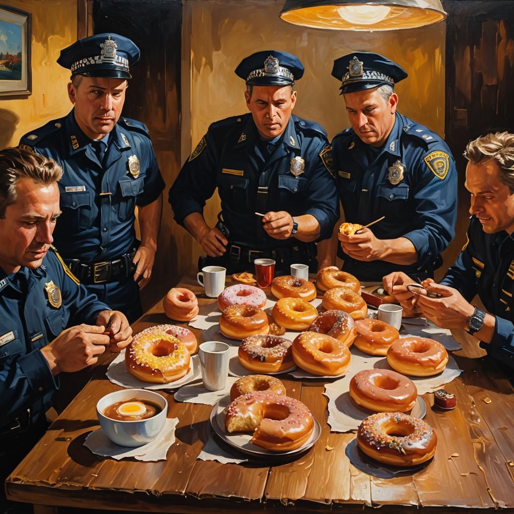 Police Officers Enjoying Donuts: An Impasto Oil Painting