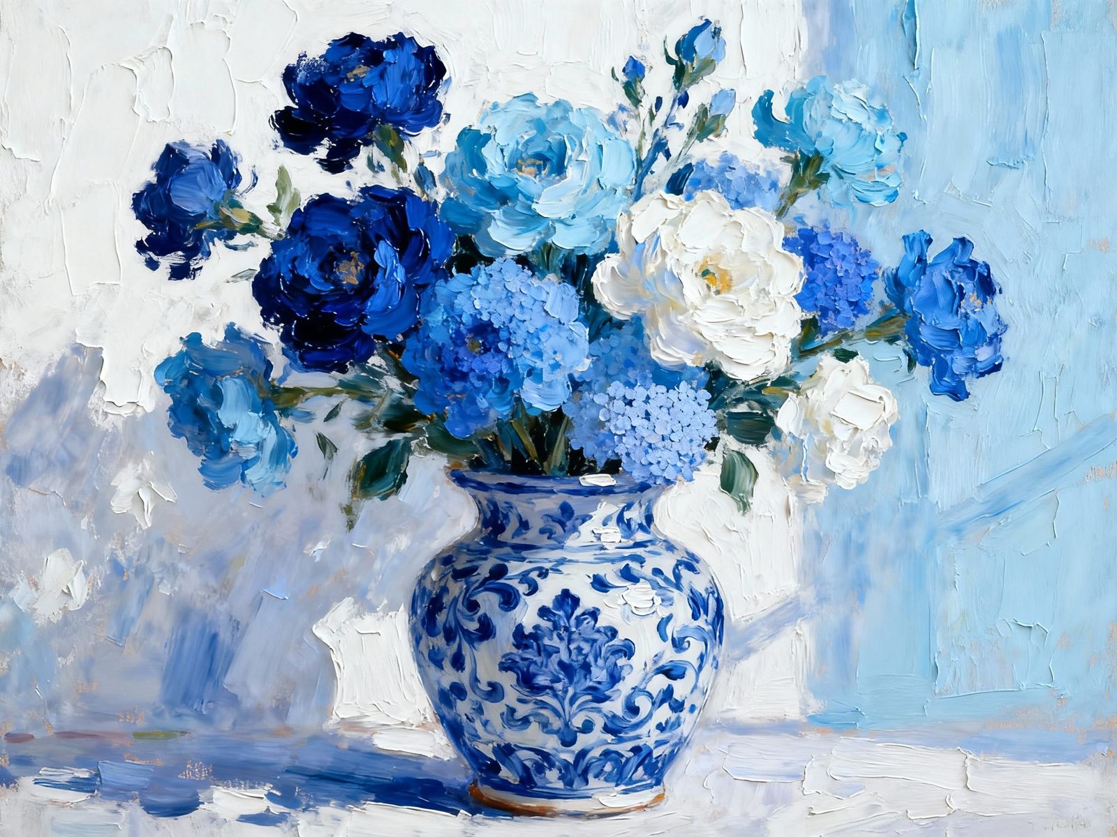 Impasto Masterpiece: Blue Flowers in Ornate Vase