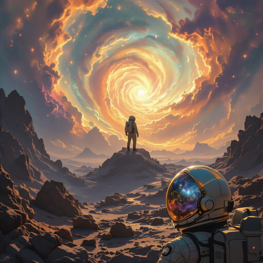 Astronaut Adrift in Swirling Nebula