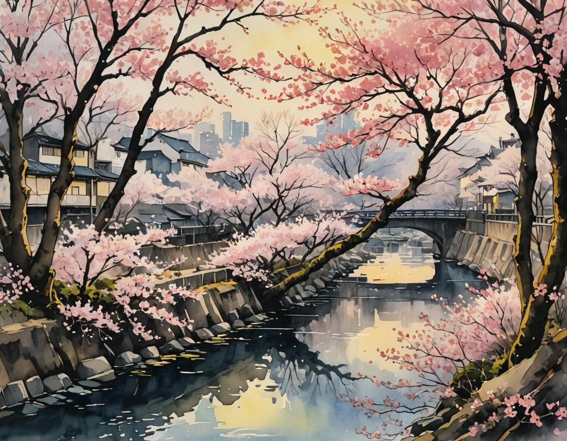 Cherry blossoms alongside the Meguro River, Tokyo, Japan