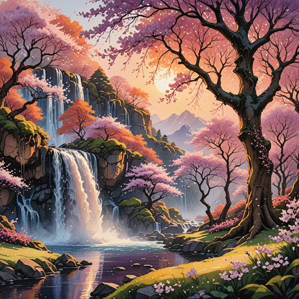 Elven Yard Waterfall in Golden Hour Watercolor