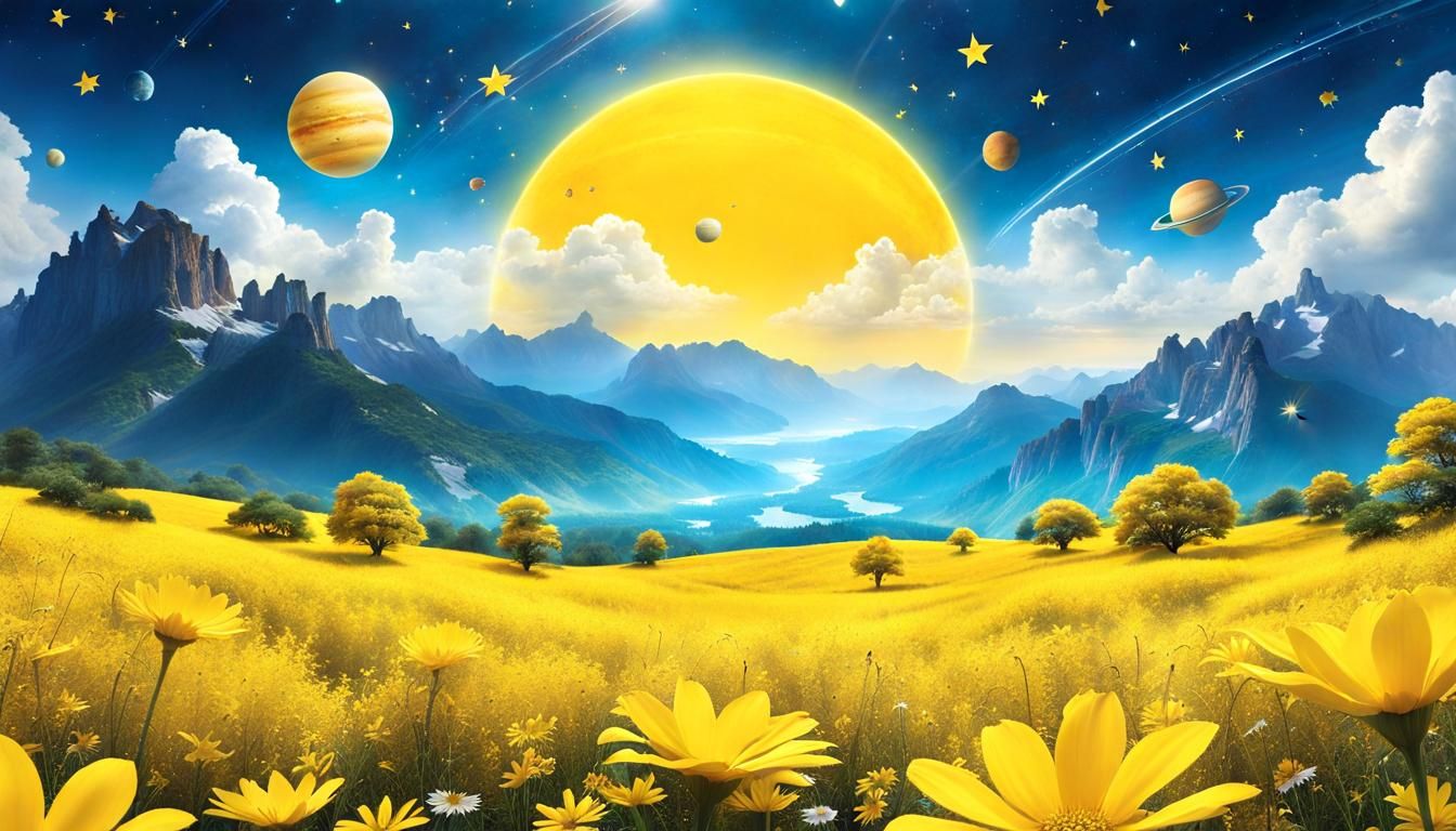 Shiny Yellow Universe with Planets and Stars