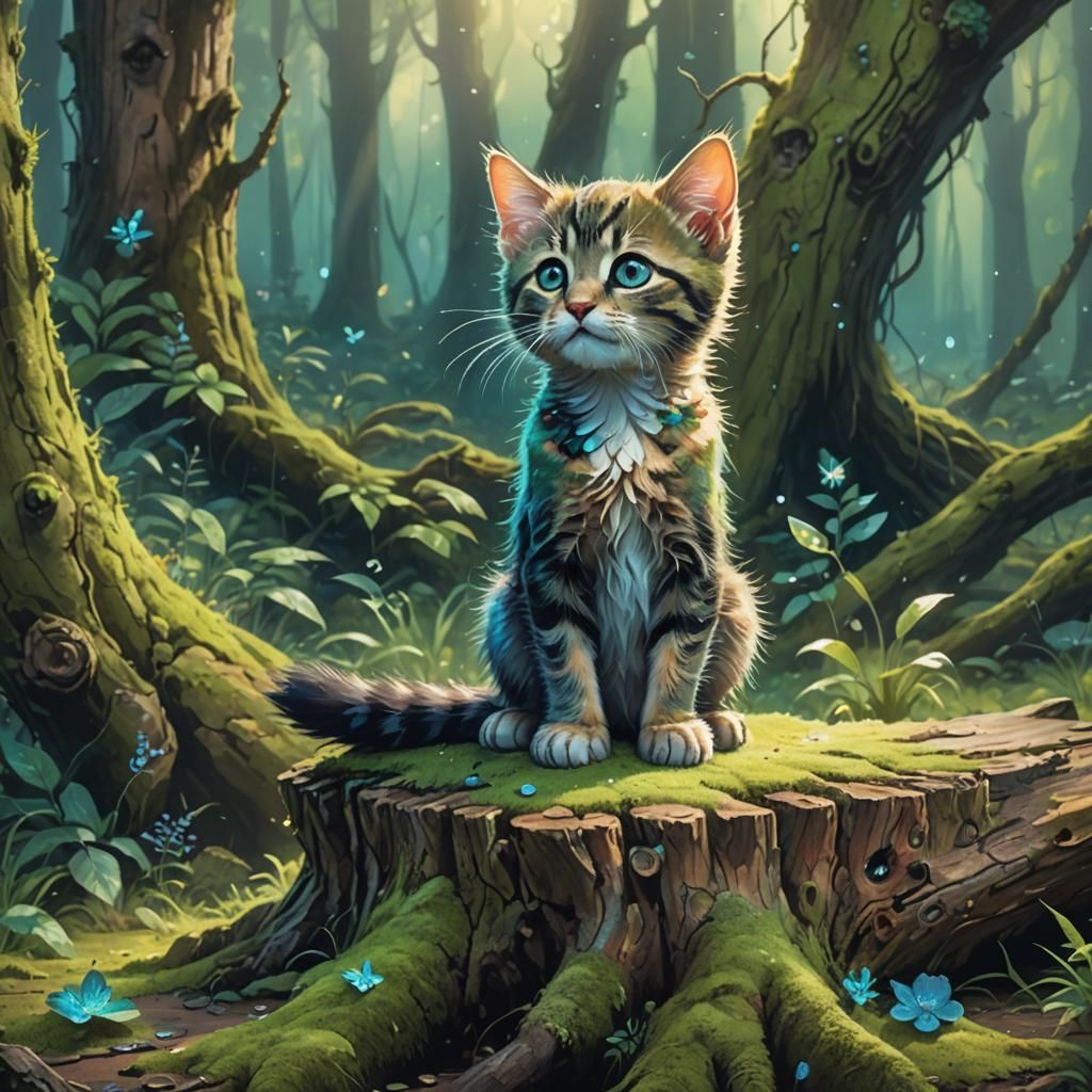 Kitten in Mystical Forest, Fantasy Concept Art