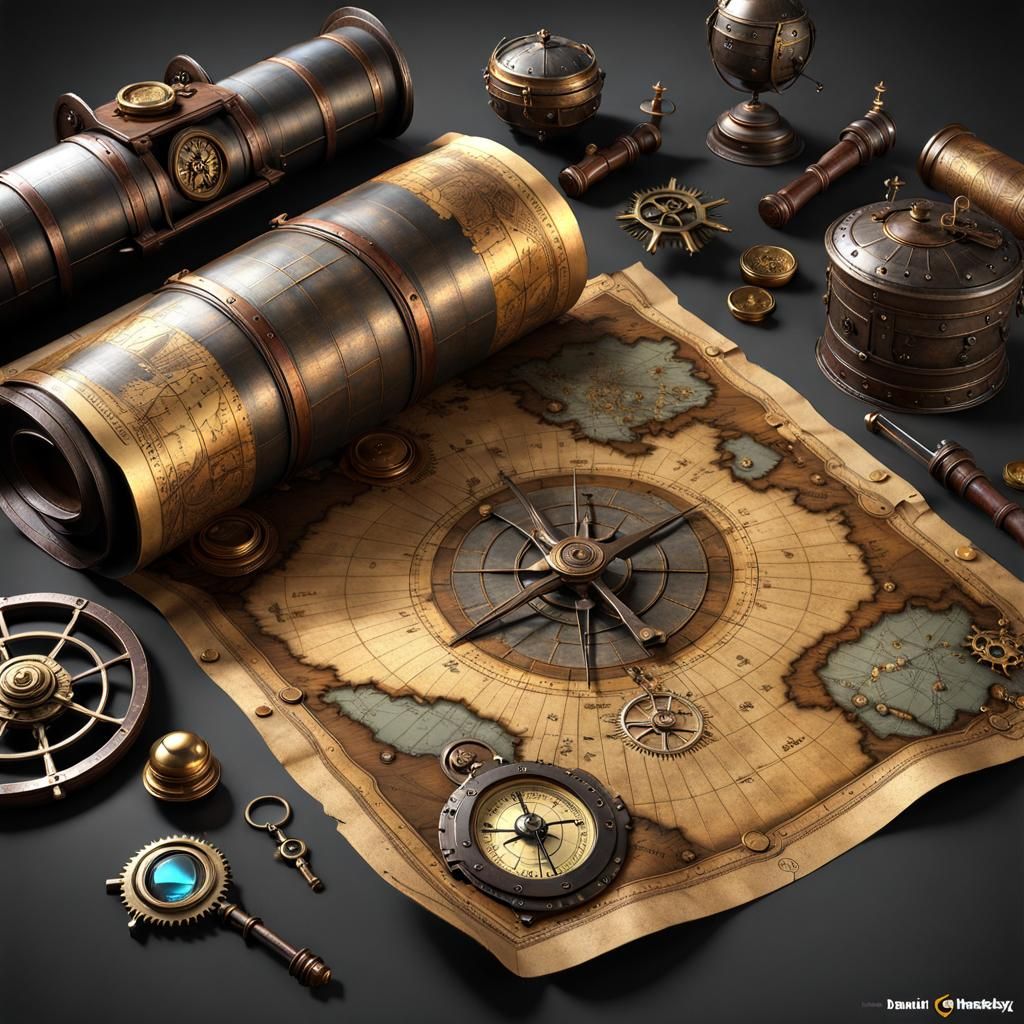 Steampunk Treasure Map in 3D Rendered Style