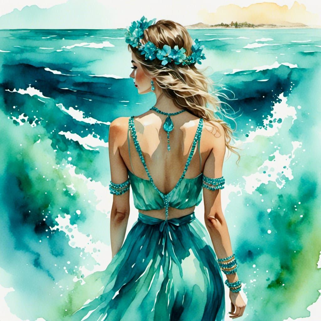 Woman in Turquoise Ocean as Watercolor Gouache