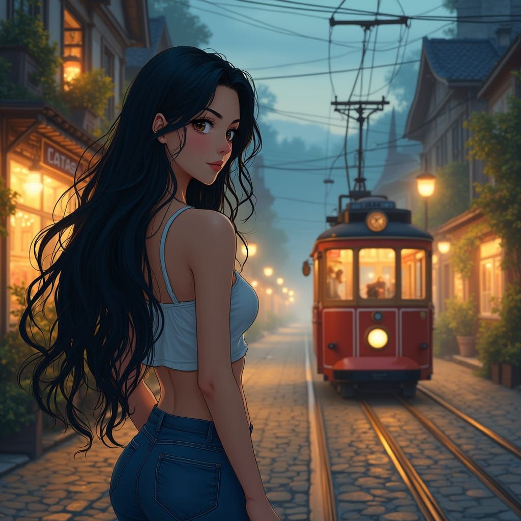 Steampunk Girl Waits for Vintage Tram on Cozy Street