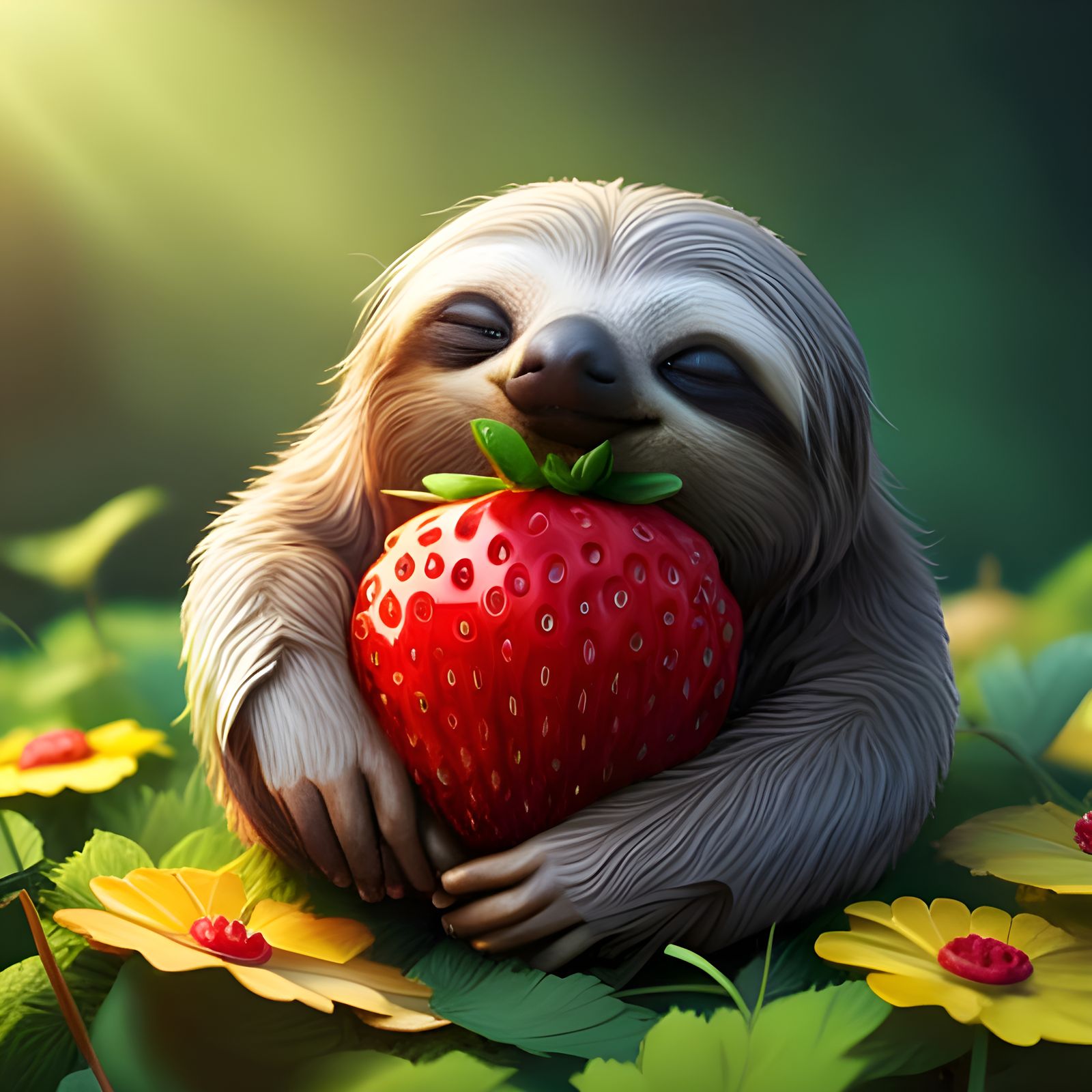 Adorable Baby Sloth Dreams on Strawberry