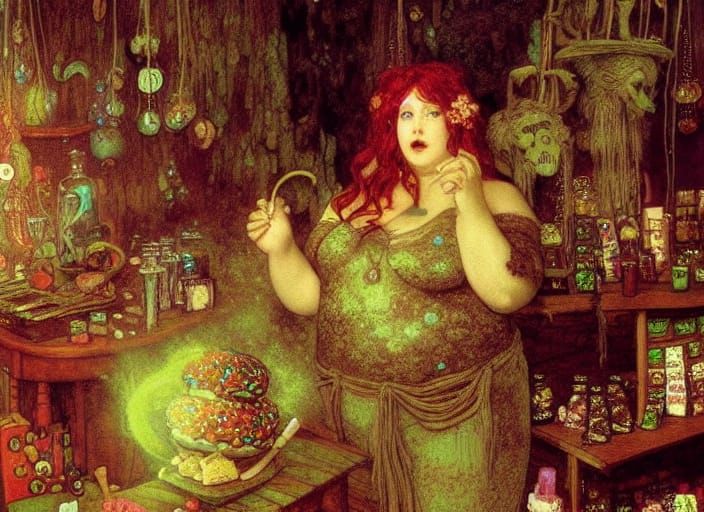 Eldritch Candy Witch in a Pre-Raphaelite Style
