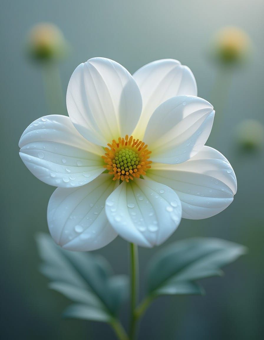 Hyperrealistic Dew-Kissed Flower Unfurling with Melancholy A...
