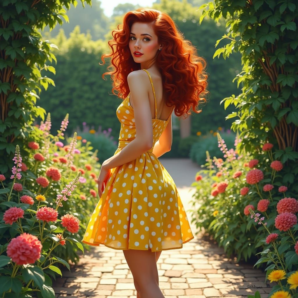 Redhead in Garden: Pin-Up Style Portrait