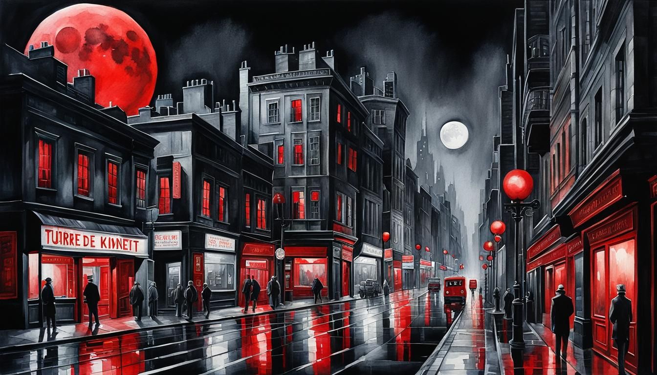 Dystopian Cubist City at Night in Watercolor