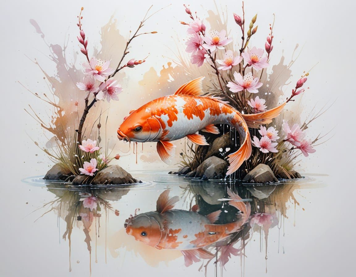 Tranquil Koi Pond at Dawn with Cherry Blossoms