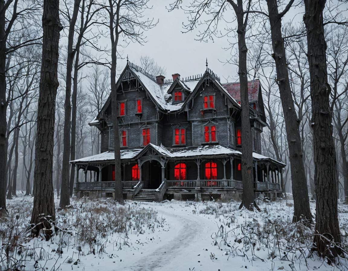 Haunting House in Winter Forest with Red Eyes