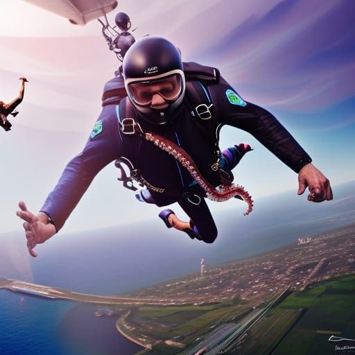 Skydiver with Octopus Parachute in Hyperrealistic Style