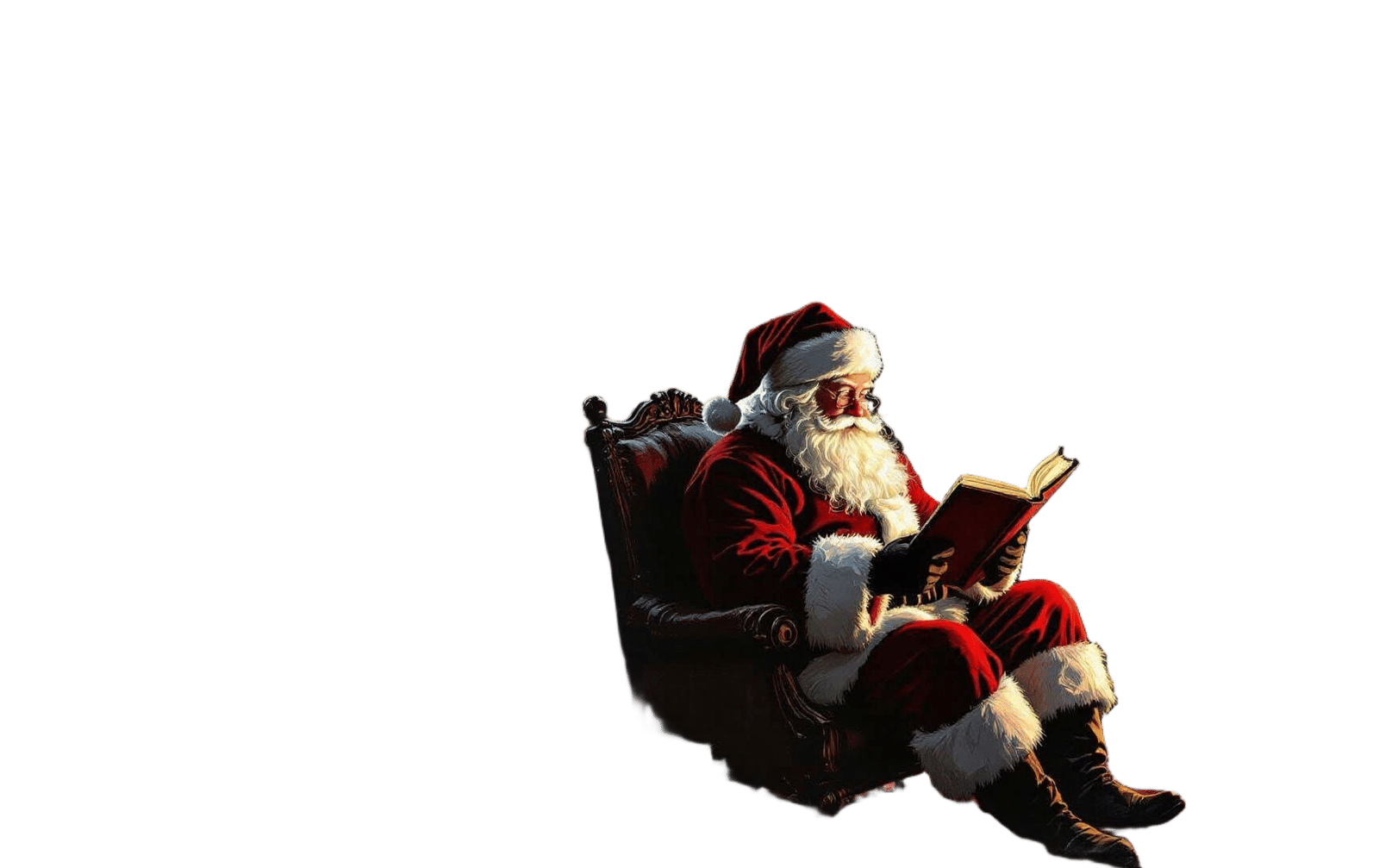 Traditional Santa Reading by Warm Firelight in Dark Room