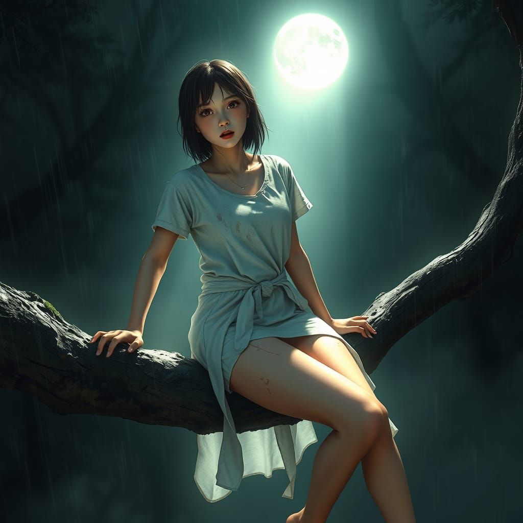 A woman lost in the misty woods