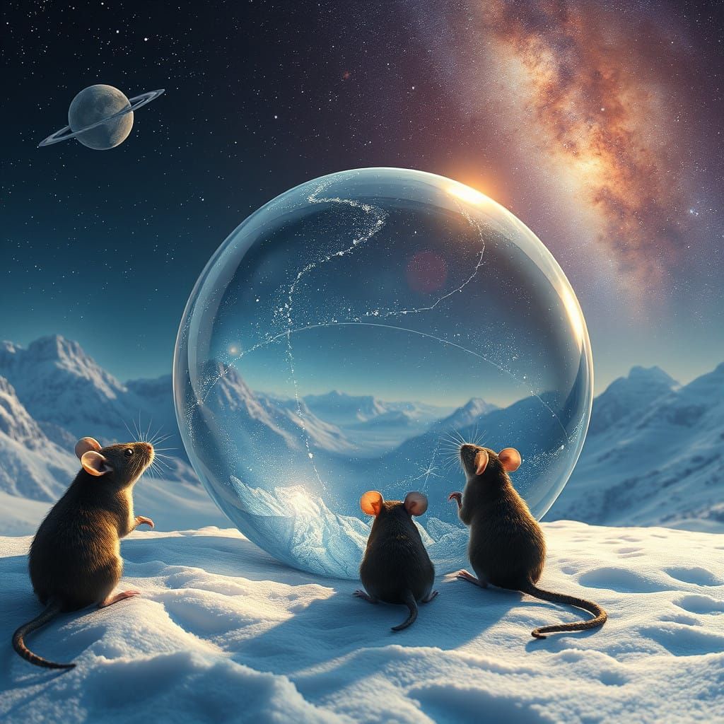 Ethereal Rats Gaze into Glowing Glass Orb in Snowy Landscape