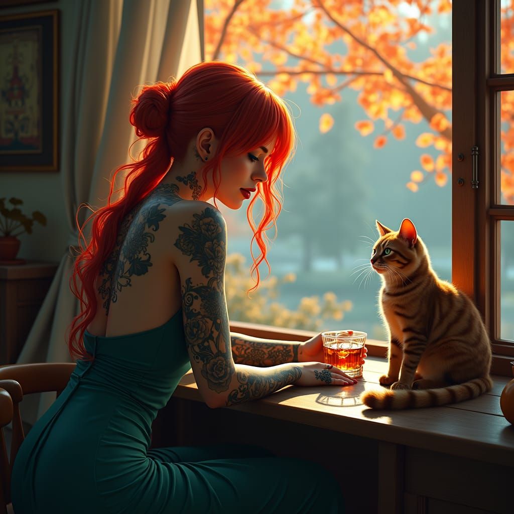 Redhead with Gun, Whiskey, and Cat in Autumn