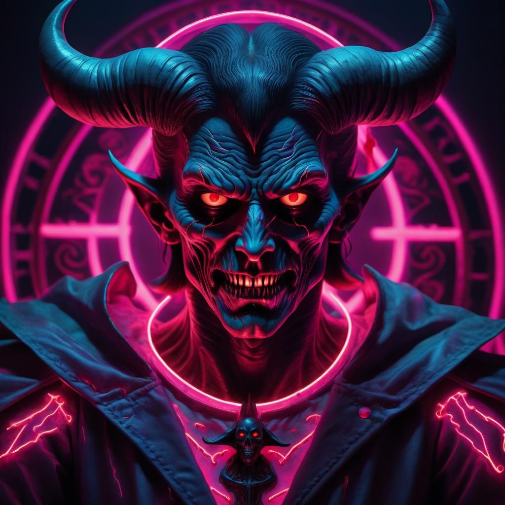 Horror Tarot Devil Character in Synthwave Neon