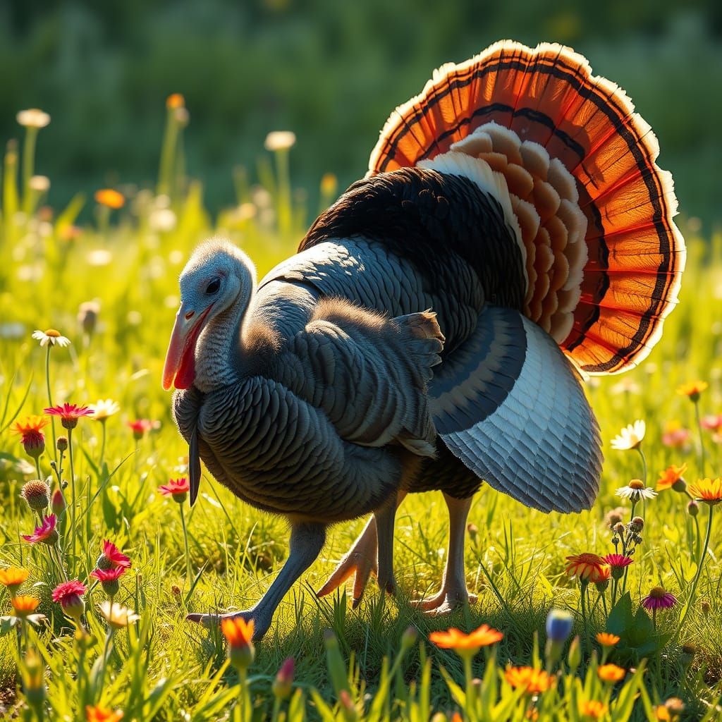 Adorable Baby Turkey in Sunny Meadow, Illustration Style