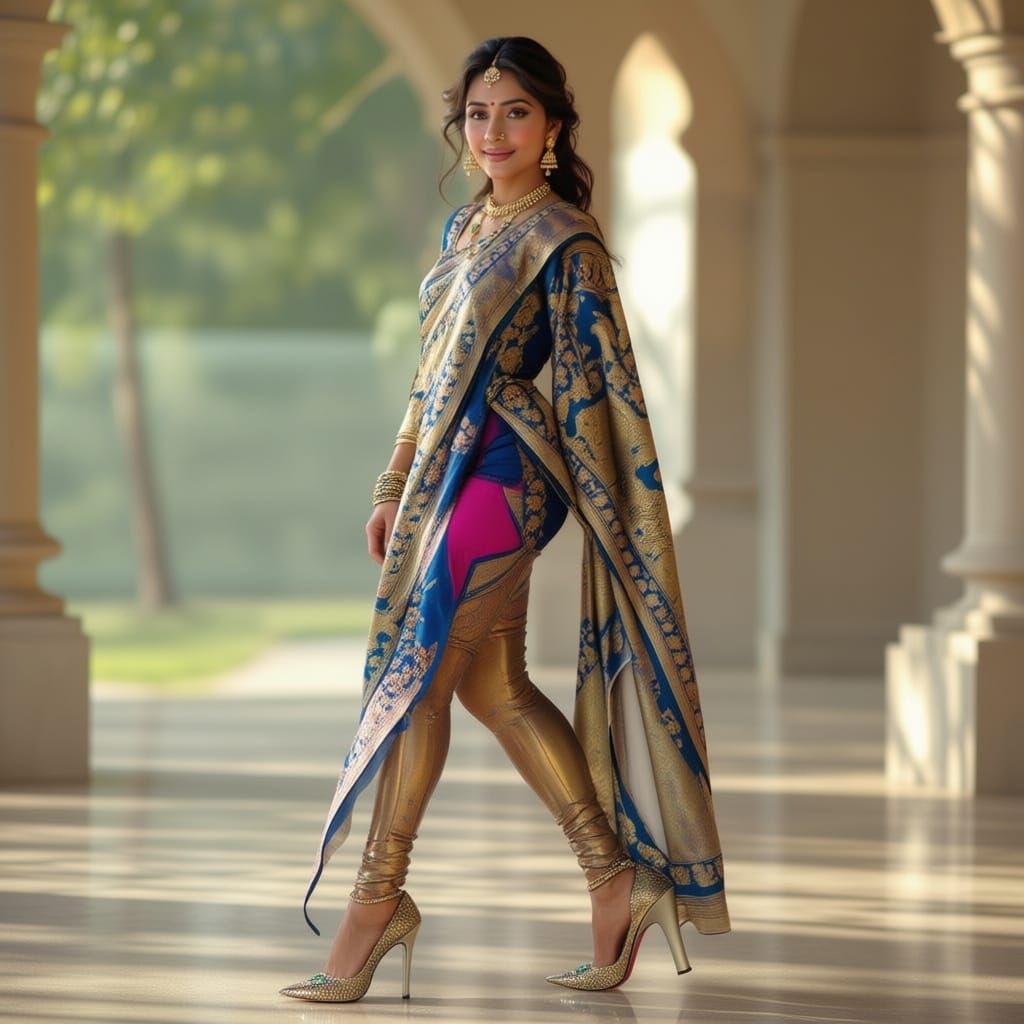 Matured Indian Woman in Blue Saree and High Heels