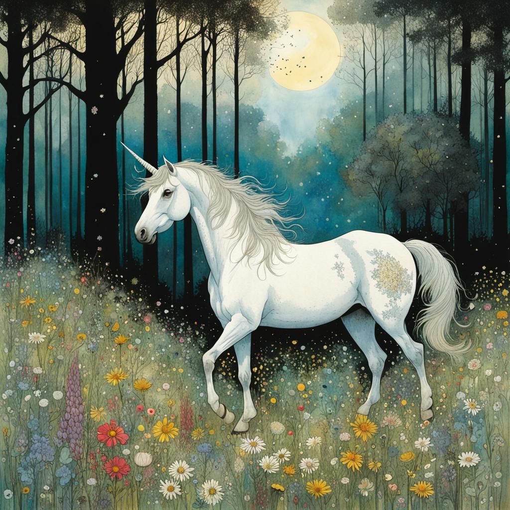 Ethereal Unicorn in a Vibrant Floral Meadow