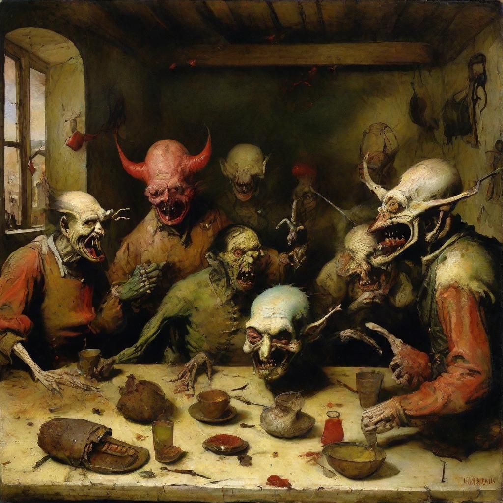Grimdark Warriors in Chaotic Tavern Scene
