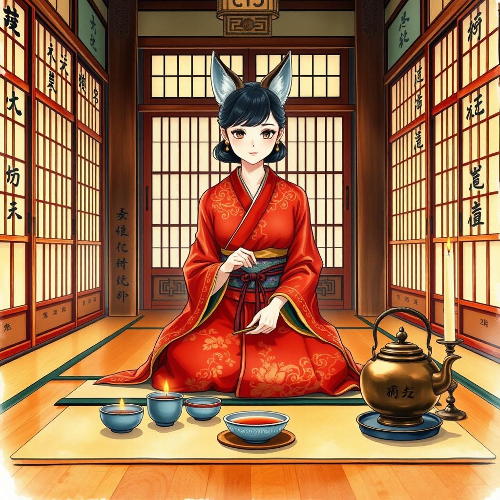 Kitsune Woman in Kimono: Japanese Tea Ceremony