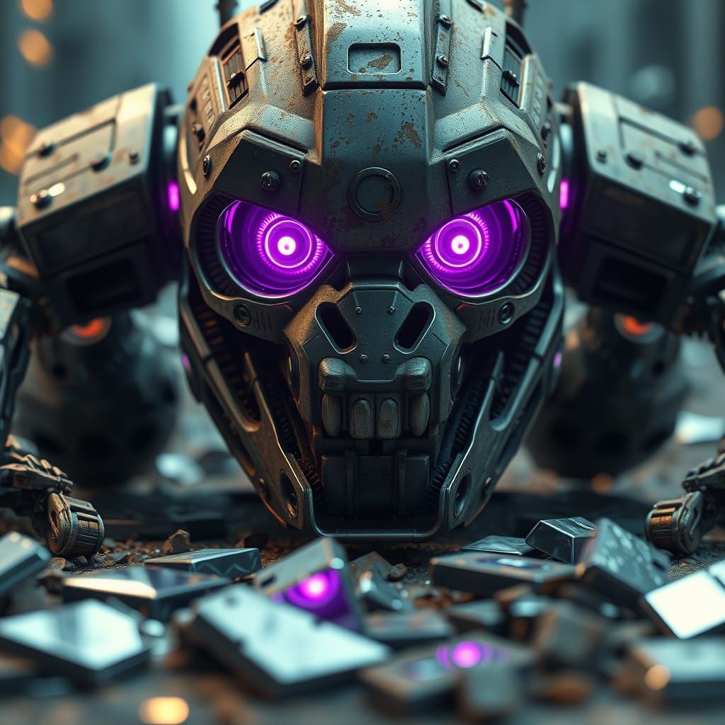 Futuristic Mech Laughing Amidst Broken Mirrors