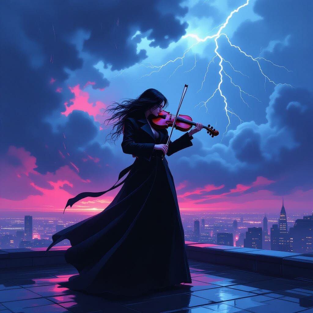 Violinist's Rooftop Performance in Abstract Expressionism St...