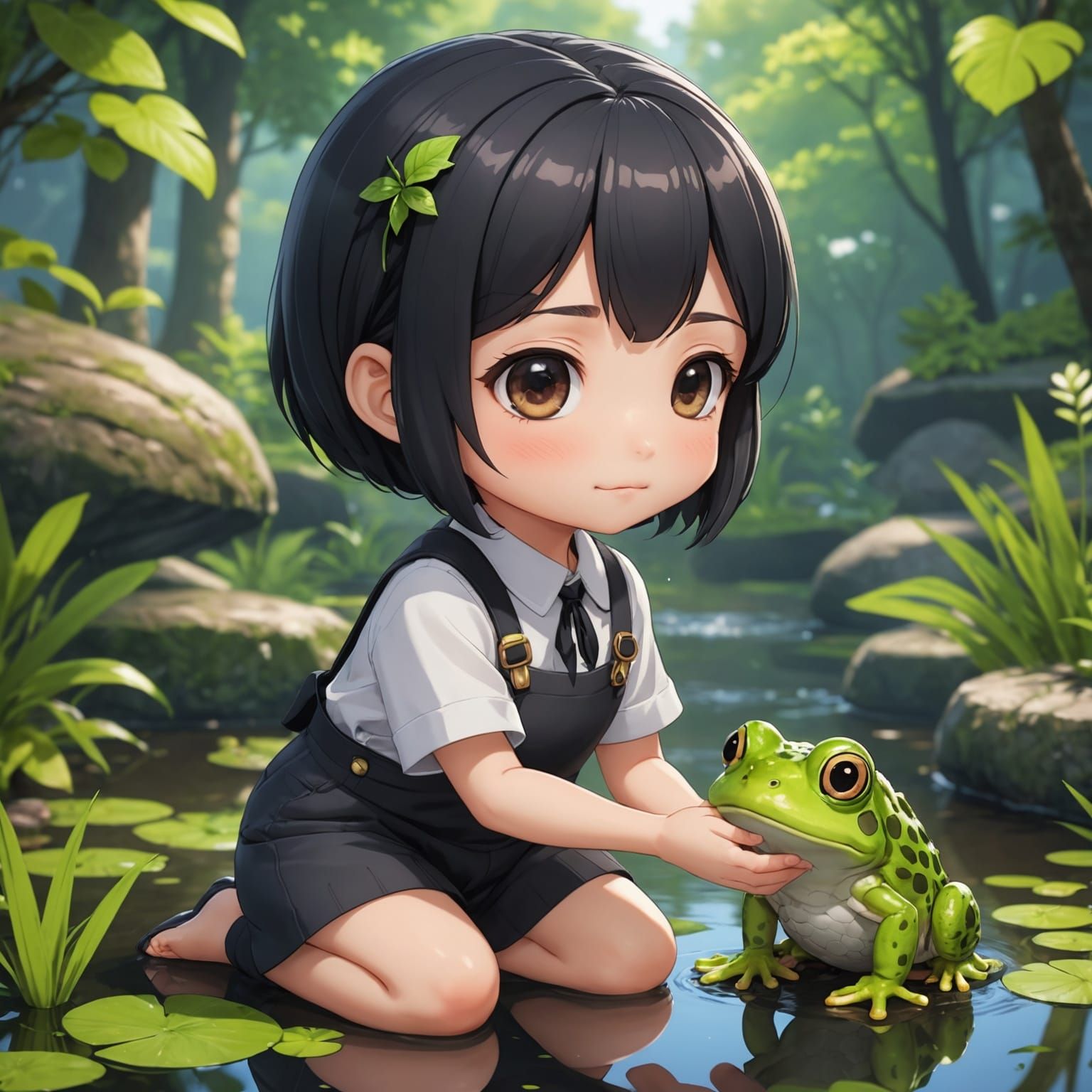 Anime Girl Petting Frog in Chibi Style