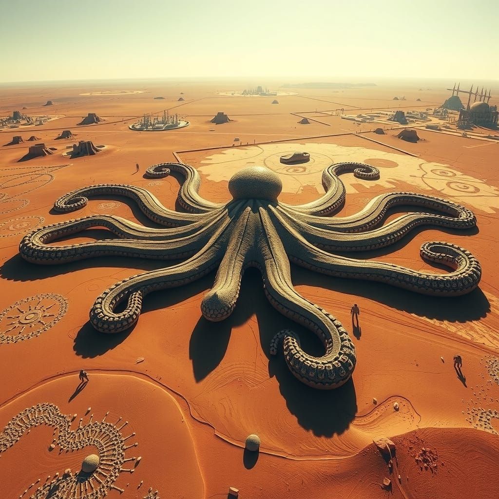 Nazca-Lines Octopus Geoglyph in Dystopian Desert